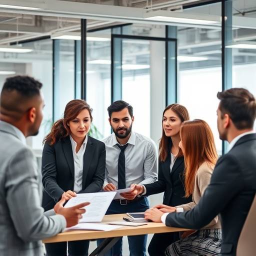 Grupo de profesionales en un curso de oratoria empresarial trabajando en una presentación.